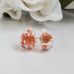 Teardrop Earrings, Post Earrings, Resin Earrings, Earrings - handmade teardrop resin stud earrings with rose gold flakes