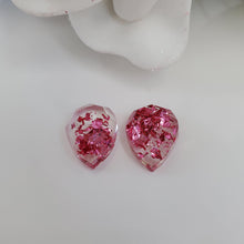Load image into Gallery viewer, Teardrop Earrings, Post Earrings, Resin Earrings, Earrings - handmade teardrop resin stud earrings with pink flakes