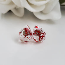 Load image into Gallery viewer, Teardrop Earrings, Post Earrings, Resin Earrings, Earrings - handmade teardrop resin stud earrings with red flakes