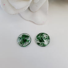 Load image into Gallery viewer, Round Earrings, Post Earrings, Resin Earrings, Earrings - handmade resin round stud earrings with green flakes