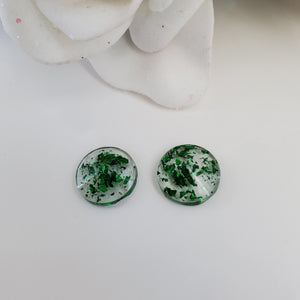 Round Earrings, Post Earrings, Resin Earrings, Earrings - handmade resin round stud earrings with green flakes