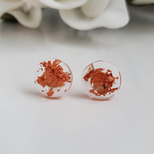 Load image into Gallery viewer, Round Earrings, Post Earrings, Resin Earrings, Earrings - handmade resin round stud earrings with rose gold flakes