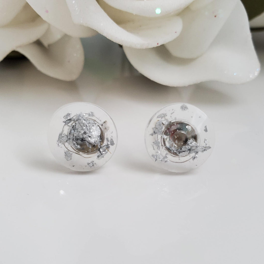 Round Earrings, Post Earrings, Resin Earrings, Earrings - handmade resin round stud earrings with silver flakes