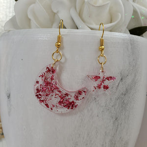 Moon And Star Dangle Earrings, Drop Earrings, Earrings - Handmade resin crescent moon and star drop earrings with pink flakes