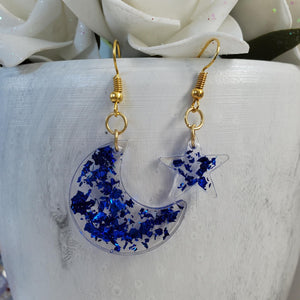 Moon And Star Dangle Earrings, Drop Earrings, Earrings - Handmade resin crescent moon and star drop earrings with blue flakes