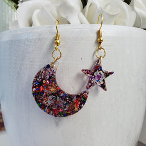 Moon And Star Dangle Earrings, Drop Earrings, Earrings - Handmade resin crescent moon and star drop earrings with multi-color flakes