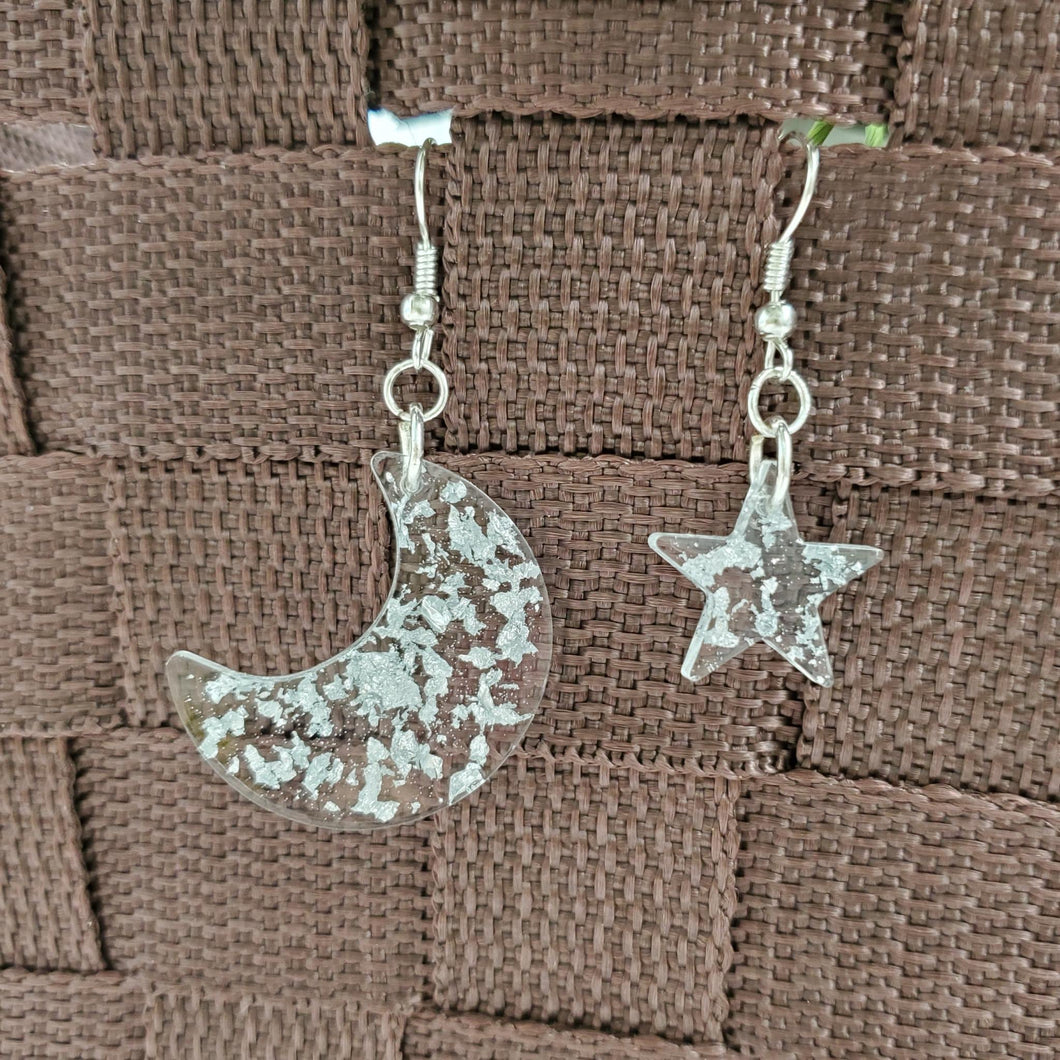 Moon And Star Dangle Earrings, Drop Earrings, Earrings - Handmade resin crescent moon and star drop earrings with silver flakes