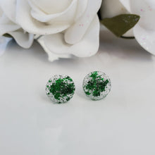 Load image into Gallery viewer, Handmade circular druzy stud earrings made with green leaf preserved in clear resin. Custom color - Round Earrings-Druzy Earrings-Resin Earrings-Earrings