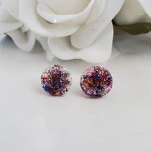 Load image into Gallery viewer, Handmade circular druzy stud earrings made with multi-color leaf preserved in clear resin. Custom color - Round Earrings-Druzy Earrings-Resin Earrings-Earrings