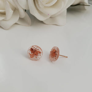 Handmade circular druzy stud earrings made with rose gold leaf preserved in clear resin. Custom color - Round Earrings-Druzy Earrings-Resin Earrings-Earrings