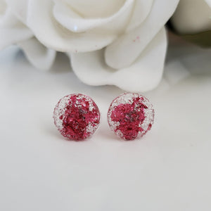 Handmade circular druzy stud earrings made with pink leaf preserved in clear resin. Custom color - Round Earrings-Druzy Earrings-Resin Earrings-Earrings