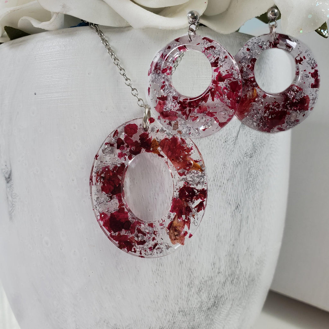 Handmade real flower oval pendant necklace accompanied by a pair of circular stud earrings made with rose petals and silver leaf preserved in resin. - Pressed Flower Jewelry, Flower Jewelry, Jewelry Sets