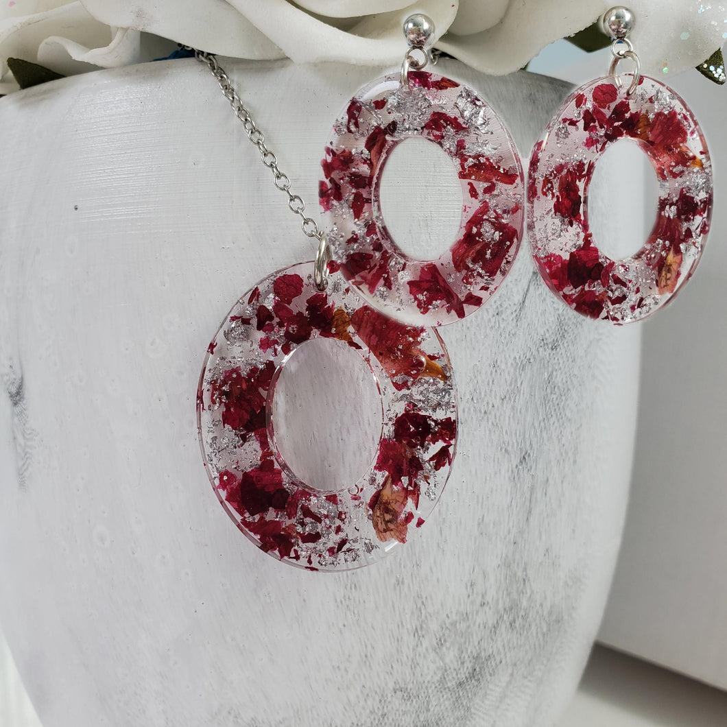 Handmade real flower oval pendant necklace accompanied by a matching pair of dangling stud earrings made with rose petals and silver flakes preserved in resin. - Flower Jewelry, Pink Jewelry, Jewelry Sets
