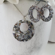 Load image into Gallery viewer, Handmade real flower circular pendant necklace accompanied by a pair of oval stud drop earrings made with lavender petals and silver flakes preserved in resin. - Flower Jewelry, Red Jewelry, Jewelry Sets