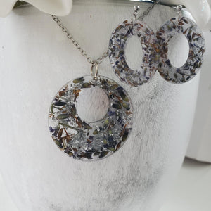 Handmade real flower circular pendant necklace accompanied by a pair of oval stud drop earrings made with lavender petals and silver flakes preserved in resin. - Flower Jewelry, Red Jewelry, Jewelry Sets
