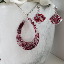 Load image into Gallery viewer, Handmade real flower teardrop pendant necklace accompanied by a pair of shell shape stud drop earrings made with rose petals and silver flakes preserved in resin. - Jewelry Sets, Flower Jewelry, Purple Jewelry