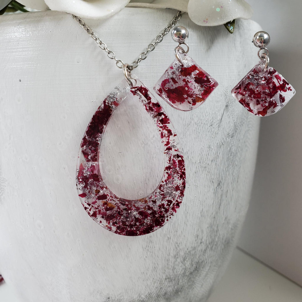 Handmade real flower teardrop pendant necklace accompanied by a pair of shell shape stud drop earrings made with rose petals and silver flakes preserved in resin. - Jewelry Sets, Flower Jewelry, Purple Jewelry