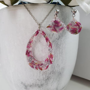 Handmade real flower teardrop pendant necklace accompanied by a pair of shell shape stud drop earrings made with red clover flowers and silver flakes preserved in resin. - Jewelry Sets, Flower Jewelry, Purple Jewelry
