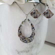 Load image into Gallery viewer, Handmade real flower teardrop pendant necklace accompanied by a pair of shell shape stud drop earrings made with lavender petals and silver flakes preserved in resin. - Jewelry Sets, Flower Jewelry, Purple Jewelry