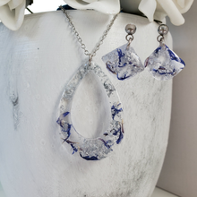 Load image into Gallery viewer, Handmade real flower teardrop pendant necklace accompanied by a pair of shell shape stud drop earrings made with blue cornflower and silver flakes preserved in resin. - Jewelry Sets, Flower Jewelry, Purple Jewelry