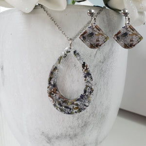Handmade real flower teardrop pendant necklace accompanied by a pair of shell shape stud drop earrings made with lavender petals and silver flakes preserved in resin. - Jewelry Sets, Flower Jewelry, Purple Jewelry