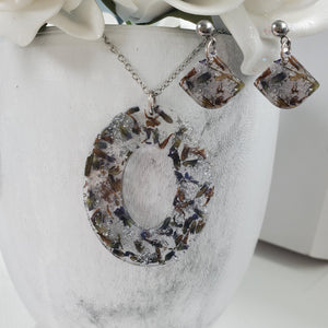 Handmade real flower oval pendant necklace accompanied by a pair of shell shape stud earrings made with lavender petals and silver flakes preserved in resin. - Jewelry Sets, Flower Jewelry, Blue Jewelry