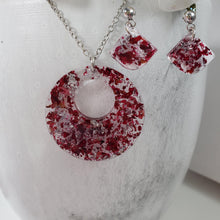 Load image into Gallery viewer, Handmade real flower circular pendant necklace accompanied by a pair of shell shape stud drop earrings made with rose petals and silver flakes preserved in resin. - Jewelry Sets, Flower Jewelry, Purple Jewelry