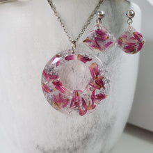Load image into Gallery viewer, Handmade real flower circular pendant necklace accompanied by a pair of shell shape stud drop earrings made with red clover flowers and silver flakes preserved in resin. - Jewelry Sets, Flower Jewelry, Purple Jewelry