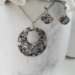 Handmade real flower circular pendant necklace accompanied by a pair of shell shape stud drop earrings made with lavender petals and silver flakes preserved in resin. - Jewelry Sets, Flower Jewelry, Purple Jewelry