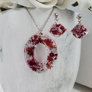 Handmade real flower oval pendant necklace accompanied by a pair of shell shape stud earrings made with red rose petals and silver leaf preserved in resin. - Pink Jewelry, Jewelry Sets, Flower Jewelry