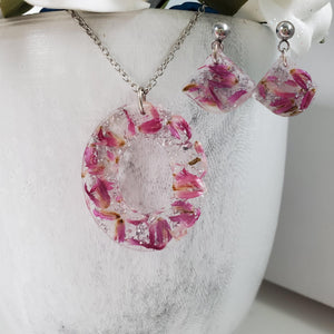 Handmade real flower oval pendant necklace accompanied by a pair of shell shape stud earrings made with red clover flowers and silver leaf preserved in resin. - Pink Jewelry, Jewelry Sets, Flower Jewelry