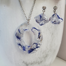 Load image into Gallery viewer, Handmade real flower oval pendant necklace accompanied by a pair of shell shape stud earrings made with blue cornflower and silver leaf preserved in resin. - Pink Jewelry, Jewelry Sets, Flower Jewelry