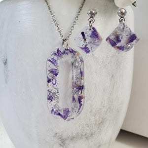 Handmade real flower oval pendant necklace accompanied by a matching pair of dangling stud earrings made with purple statice and silver flakes preserved in resin. - Red Jewelry, Jewelry Sets, Flower Jewelry