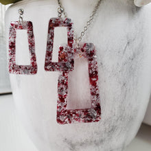 Load image into Gallery viewer, Handmade real flower rectangular pendant necklace accompanied by a matching pair of stud earrings made with rose petals and silver flakes. Blue Jewelry, Flower Jewelry, Jewelry Sets