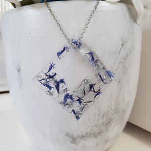 Handmade real flower square pendant necklace made with blue cornflower and silver leaf preserved in resin. - Pink Necklace, Flower Necklace, Necklaces