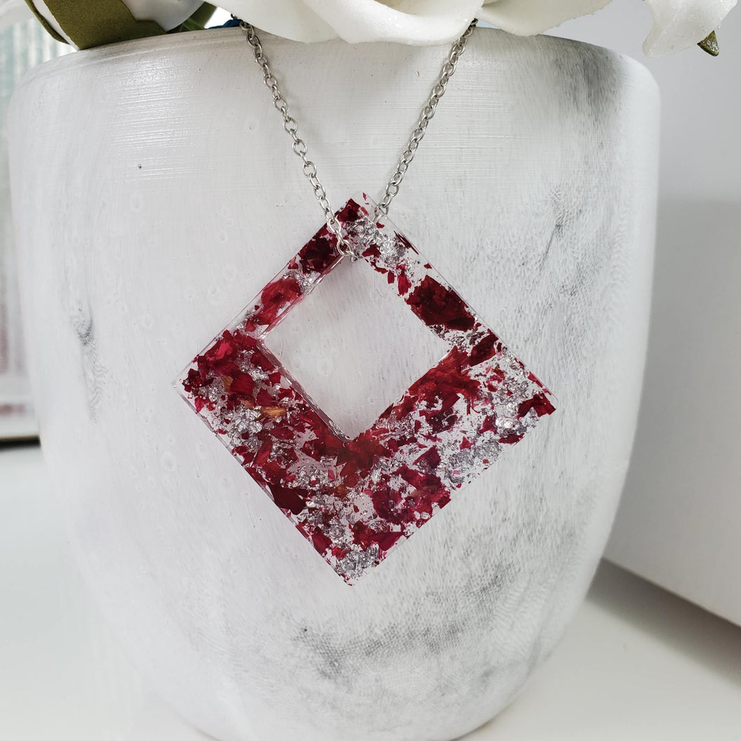 Handmade real flower square pendant necklace made with rose petals and silver leaf preserved in resin. - Pink Necklace, Flower Necklace, Necklaces