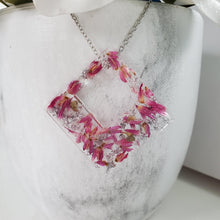 Load image into Gallery viewer, Handmade real flower square pendant necklace made with red clover flowers and silver leaf preserved in resin. - Pink Necklace, Flower Necklace, Necklaces