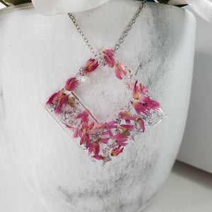 Handmade real flower square pendant necklace made with red clover flowers and silver leaf preserved in resin. - Pink Necklace, Flower Necklace, Necklaces