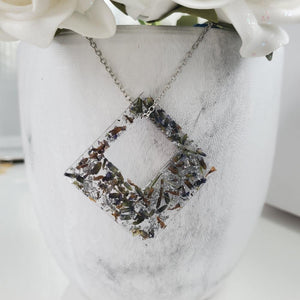 Handmade real flower square pendant necklace made with lavender petals and silver leaf preserved in resin. - Pink Necklace, Flower Necklace, Necklaces