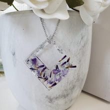 Load image into Gallery viewer, Handmade real flower square pendant necklace made with purple statice and silver leaf preserved in resin. - Pink Necklace, Flower Necklace, Necklaces