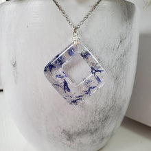 Load image into Gallery viewer, Handmade real flower square pendant necklace made with blue cornflower and silver leaf preserved in resin. - Blue Necklace, Flower Necklace, Necklaces