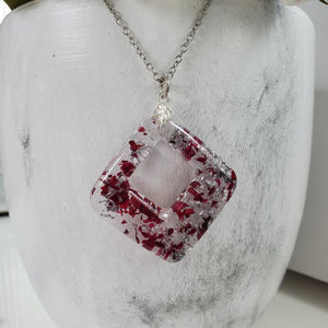 Handmade real flower square pendant necklace made with rose petals and silver leaf preserved in resin. - Blue Necklace, Flower Necklace, Necklaces
