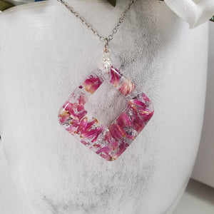 Handmade real flower square pendant necklace made with red clover flowers and silver leaf preserved in resin. - Blue Necklace, Flower Necklace, Necklaces