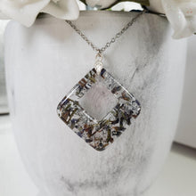 Load image into Gallery viewer, Handmade real flower square pendant necklace made with lavender petals and silver leaf preserved in resin. - Blue Necklace, Flower Necklace, Necklaces