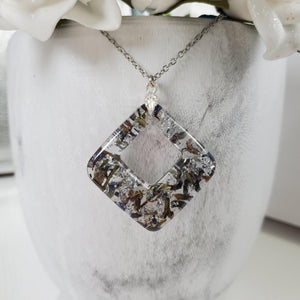 Handmade real flower square pendant necklace made with lavender petals and silver leaf preserved in resin. - Blue Necklace, Flower Necklace, Necklaces