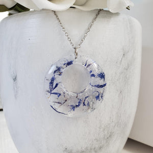 Handmade real flower circular pendant necklace made with blue cornflower and silver flakes preserved in resin. - Red Necklace, Flower Necklace, Necklaces