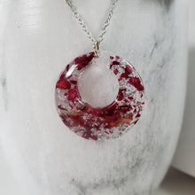 Load image into Gallery viewer, Handmade real flower circular pendant necklace made with rose petals and silver flakes preserved in resin. - Red Necklace, Flower Necklace, Necklaces