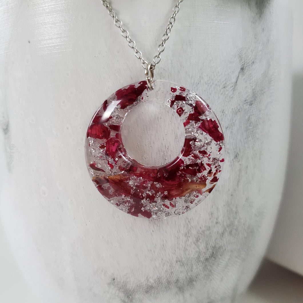 Handmade real flower circular pendant necklace made with rose petals and silver flakes preserved in resin. - Red Necklace, Flower Necklace, Necklaces