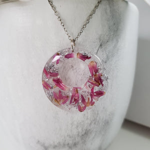 Handmade real flower circular pendant necklace made with red clover flowers and silver flakes preserved in resin. - Red Necklace, Flower Necklace, Necklaces