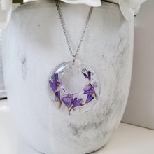 Load image into Gallery viewer, Handmade real flower circular pendant necklace made with purple statice and silver flakes preserved in resin. - Red Necklace, Flower Necklace, Necklaces
